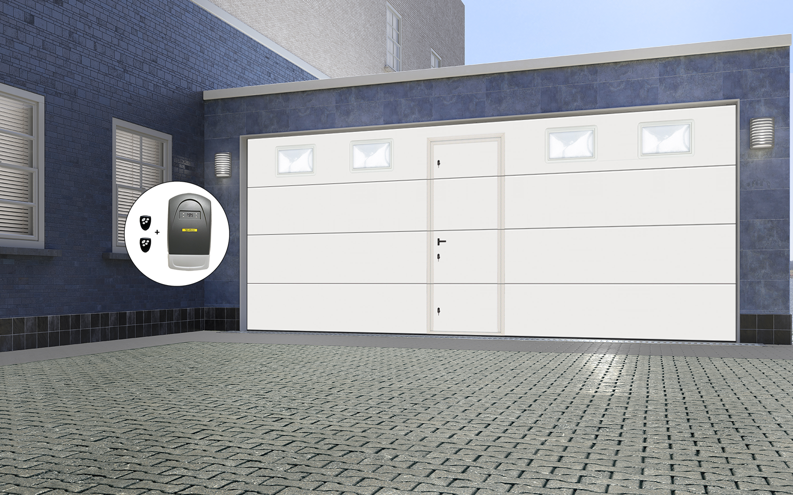 Porte de garage sectionnelle Lisse 5000 x 2000 avec portillon et hublots